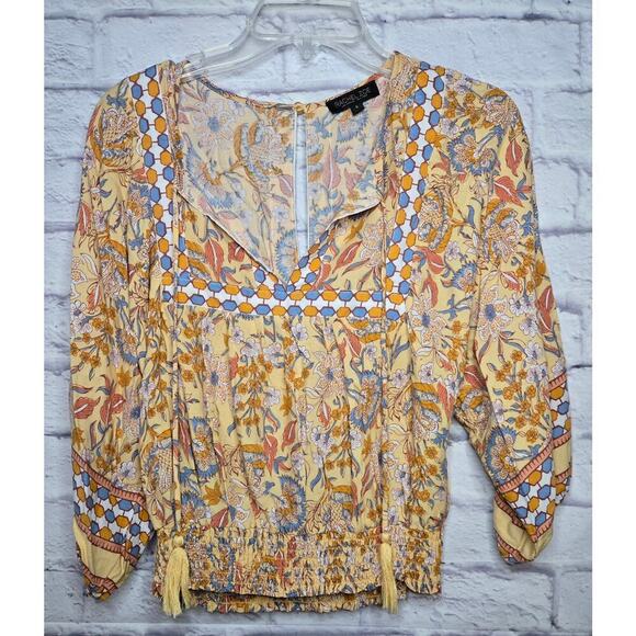 Rachel Zoe Tops - Rachel Zoe yellow boho floral smocked v-neck spring/summer blouse top small